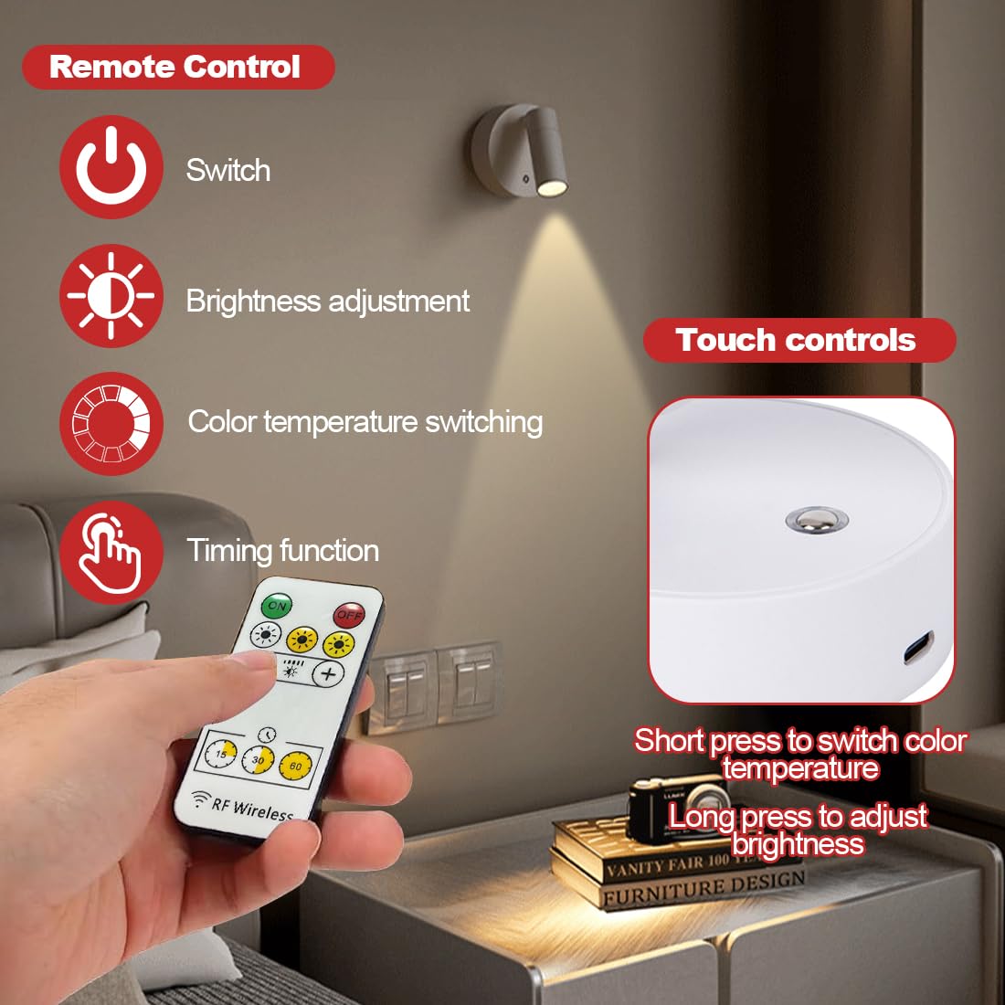 Foco LED inalámbrico, recargable por USB, batería con mando a distancia, 3 temperaturas de color, luces de imagen regulable, lámpara de pared giratoria con función de temporización, para arte, plantas