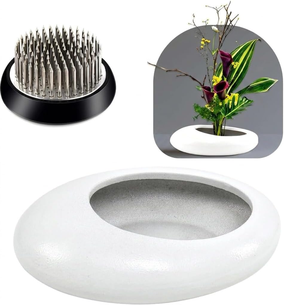 Japanese Flower Vase Kit, 1.57" Kenzan + Ceramic Bowl + Needle Straightener
