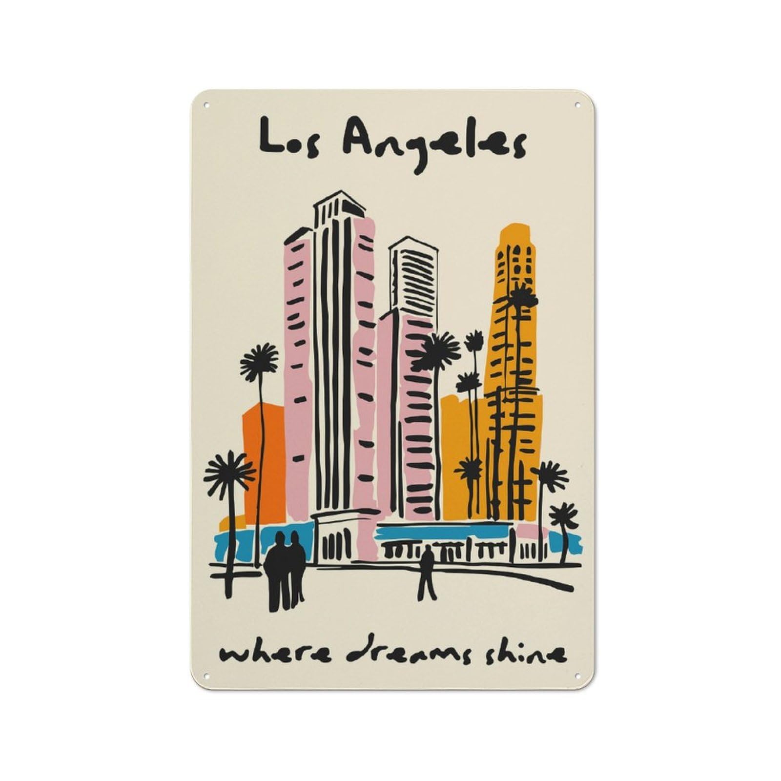 Junmoney Style-3 Tin Wall Plaque 30X20cm With Los Angeles Skyline Illustration For Garage Or Workshop, For Kitchen, Dining Room And Home Bar Wall Decor