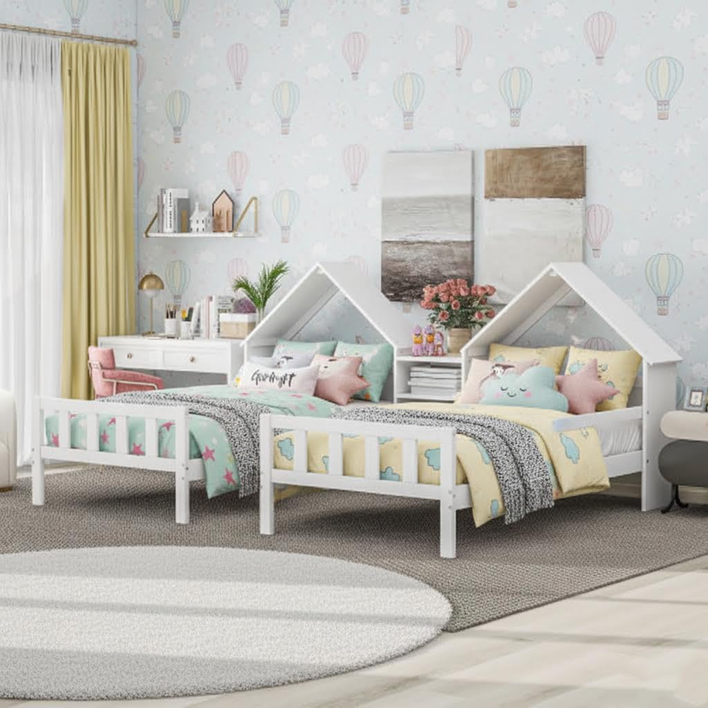 SOFTSEA Double Montessori House Bed Frames with Storage for Kids, Twin Size Double House Platform Bed with Nightstand, No Box Spring Needed, White