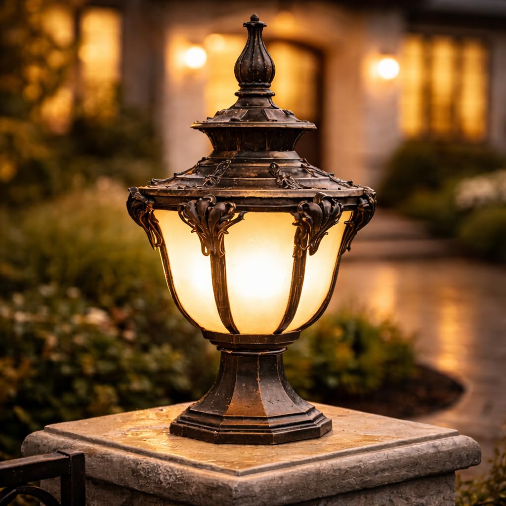 Premium Cast Aluminium Gate Light for Outdoor Pillar, Waterproof Victorian Lantern with Frosted Acrylic Shade, Decorative Garden, Driveway & Compound Wall Lighting Fixture (Black Heritage Design)-image-28