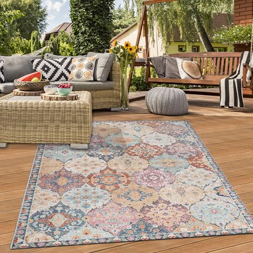 Tapis oriental pour balcon rond 120 cm multicolore lavable et durable