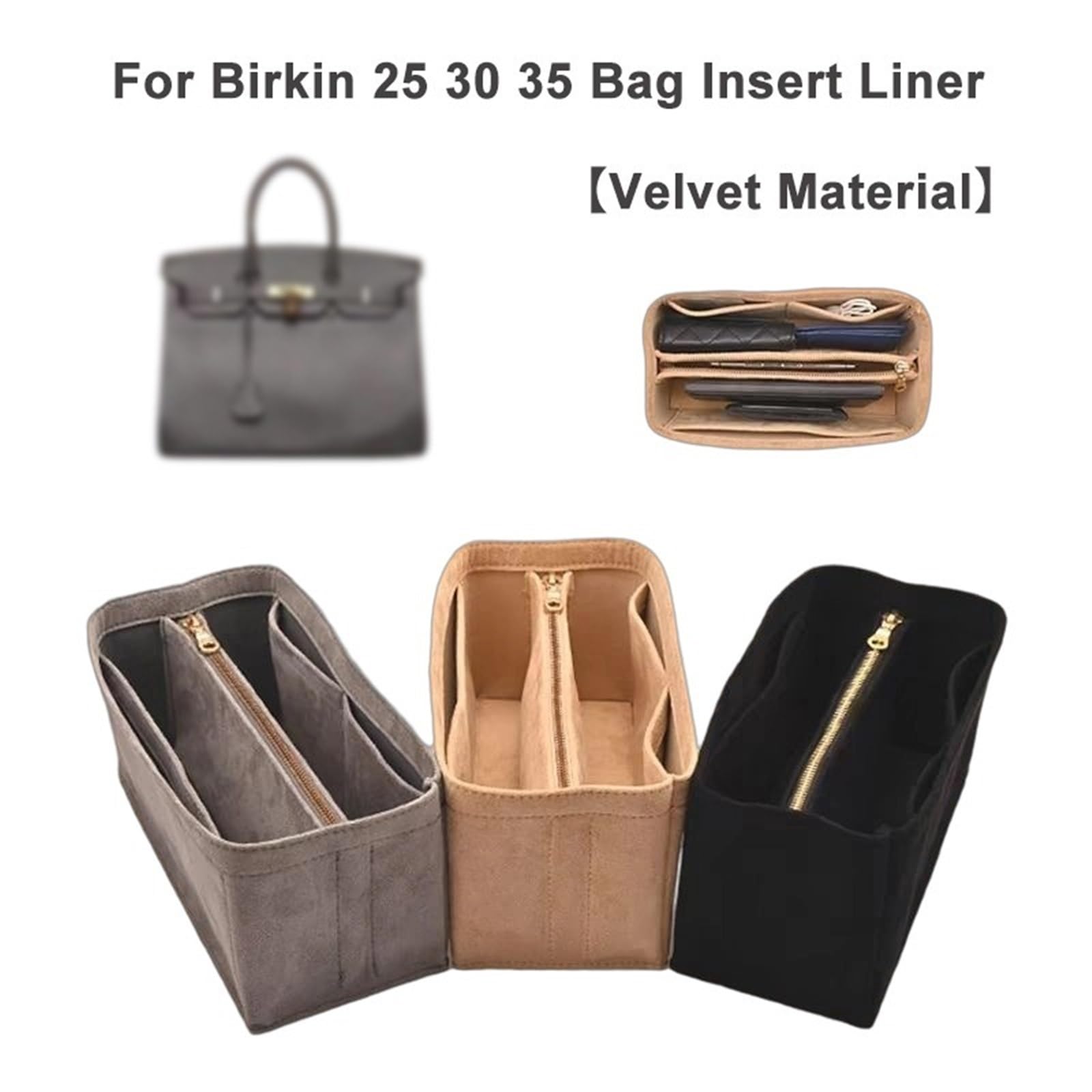 Organizador de bolso de fieltro Inserto organizador de bolsas for 25 30 35 bolsos Material terciopelo soporte cosmético almacenamiento interior(25 grey simple,5 pieces)