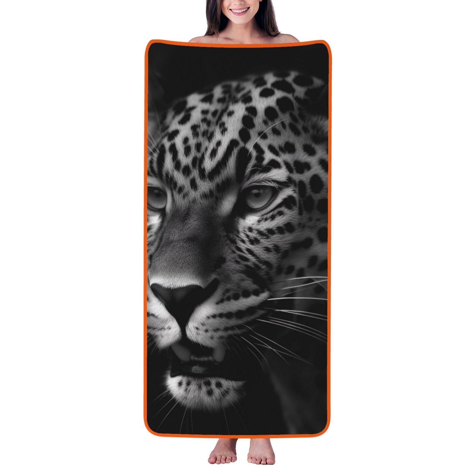 WPKJU Leopard Printed Bath Towel with Orange Edging - 27x55 in Soft Extra Absorbent Coral Velvet Shower Towels for Bathroom