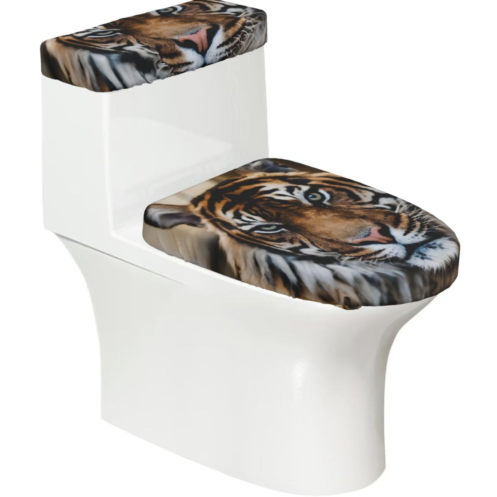 Tiger 2-Piece Toilet Seat Cover Set with Tank Lid, Elastic Fit for U-Shape & Elongated Toilets, Bathroom Decor, Housewarming Gift