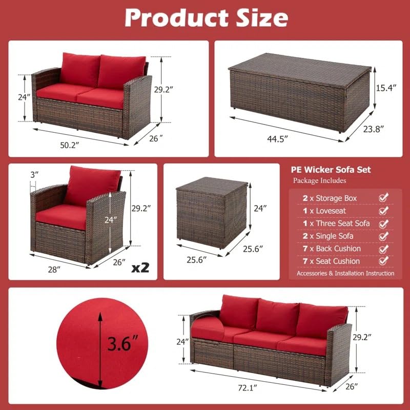 Image of 7 Seater Outdoor Conversation Set Patio Furniture Set All Weather Wicker Sectional Couch Sofa Dining Table Garden, Poolside, Balcony, Backyard.(Dark Brown and Red Color)