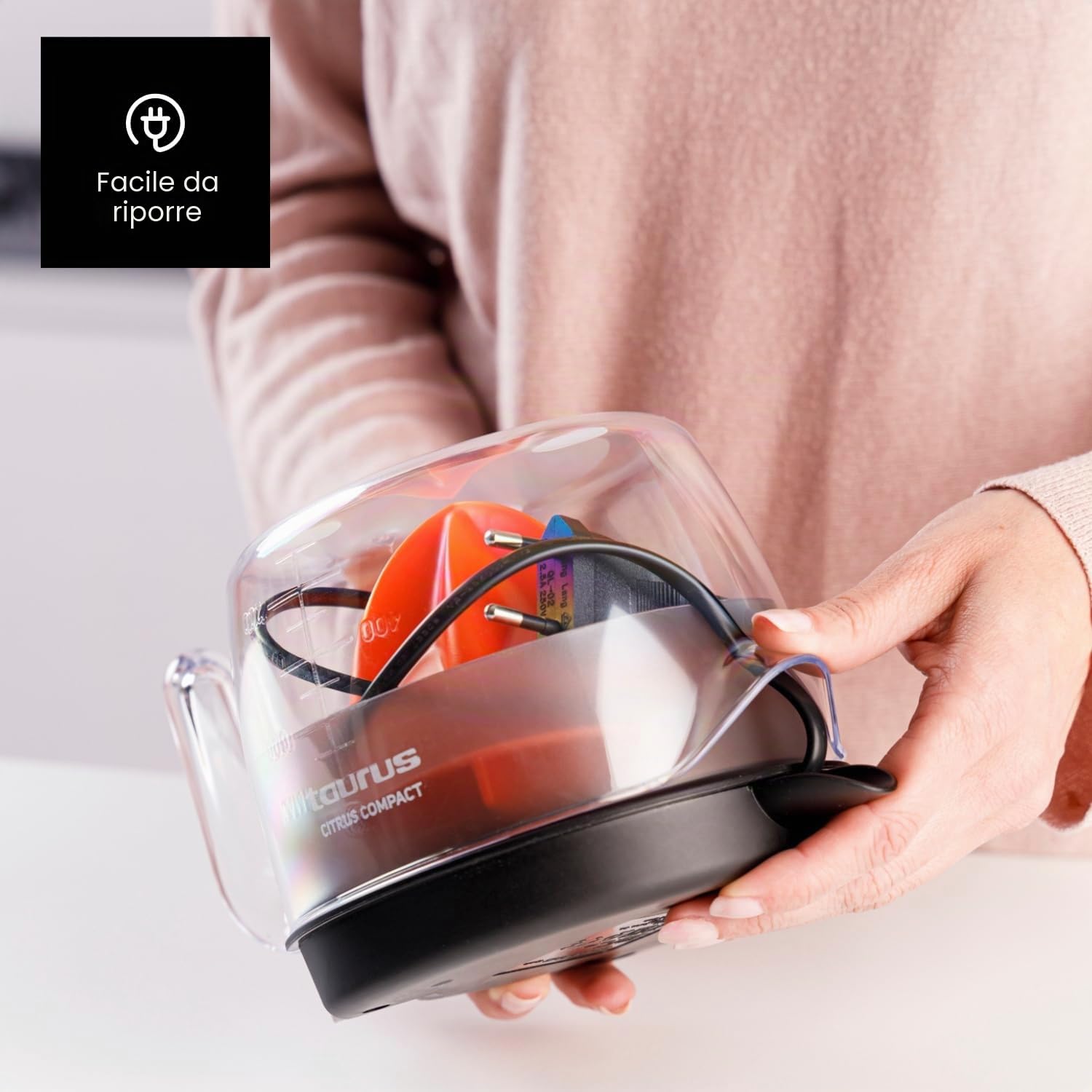 Taurus - Spremiagrumi Elettrico Citrus Compact | Doppio Senso di Rotazione | Cono Extra Large | Smontabile | Lavabile in Lavastoviglie | Design Salvaspazio | Senza BPA | 800 ml