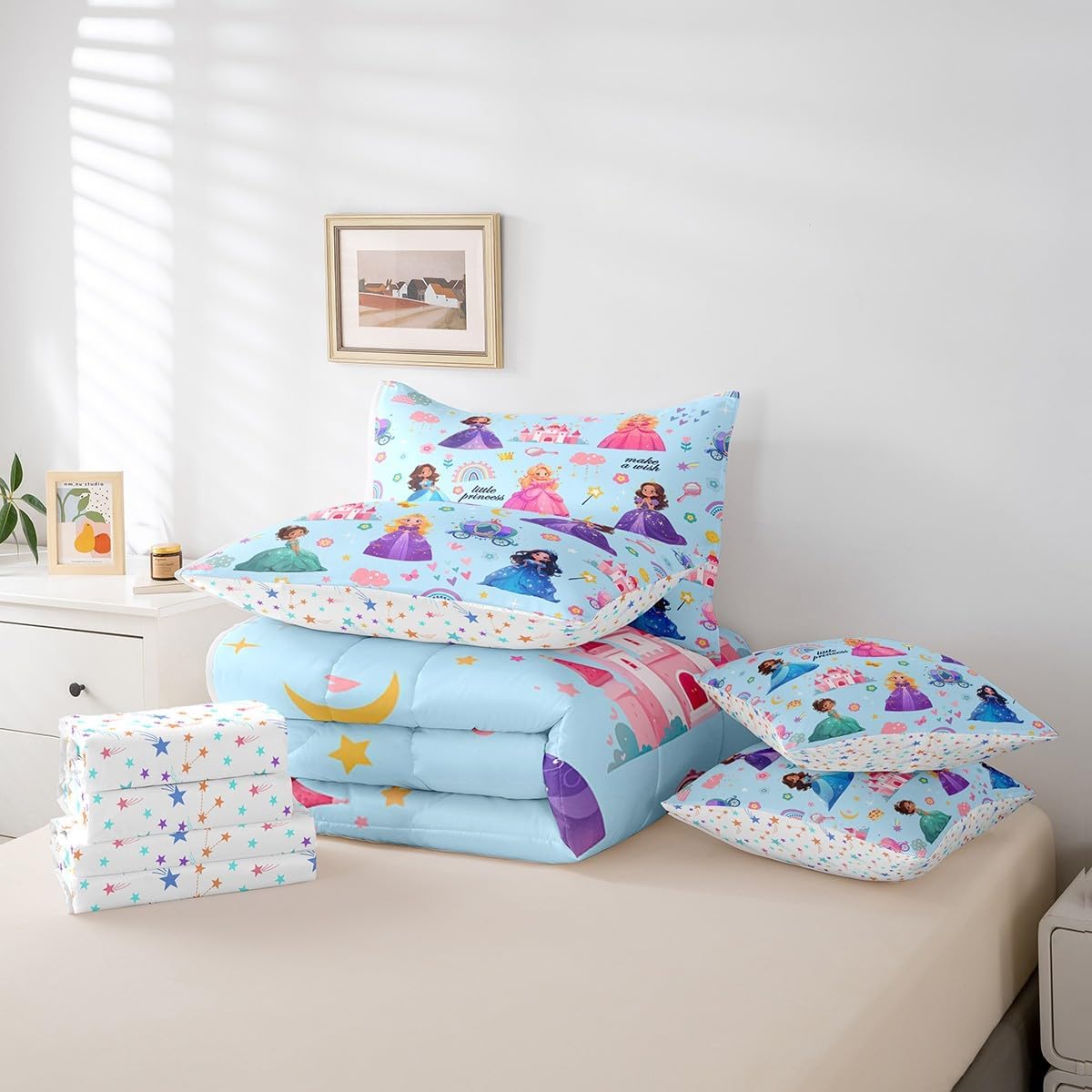 jejeloiu Cute Princess 7 Piece Bedding Set Twin Size Castle Comforter Set with Sheets,Pillowcases & Cushion Cover for Adults Fairy Dreamy Bed in a Bag Rainbow Flower Blue All Season Soft