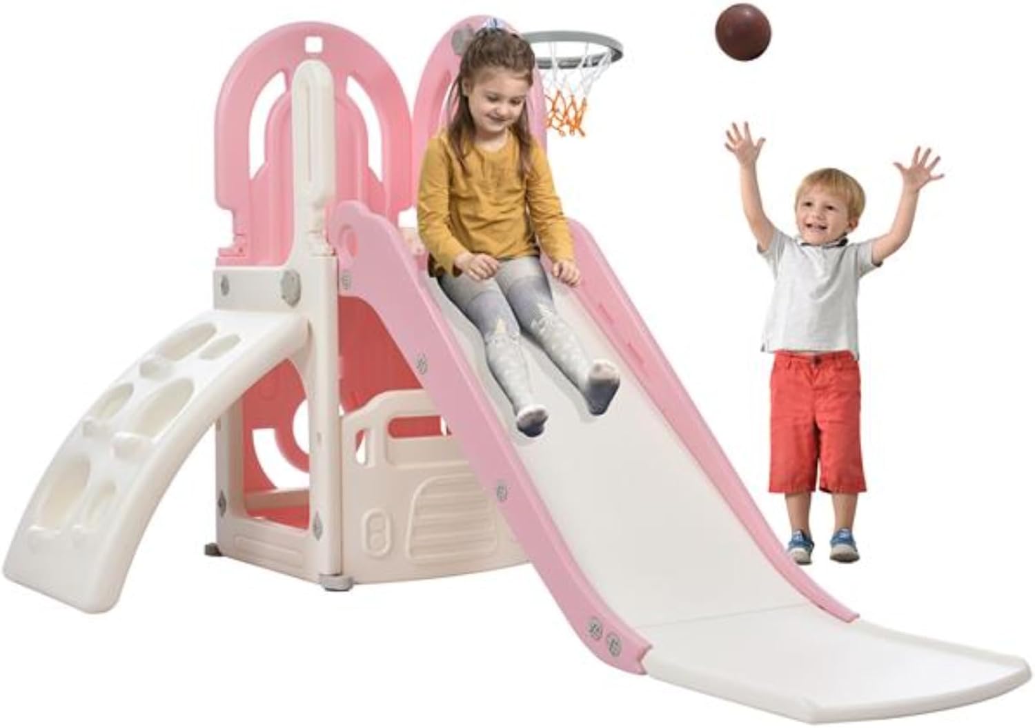 4 in 1 Free-Standing Slide Toy Set, Climbing Frame and Slide Set, Children's Playground Climbing Frame, Ladder, with Basketball Hoop Combination, Suitable for Indoor and Outdoor, Off-White and Pink