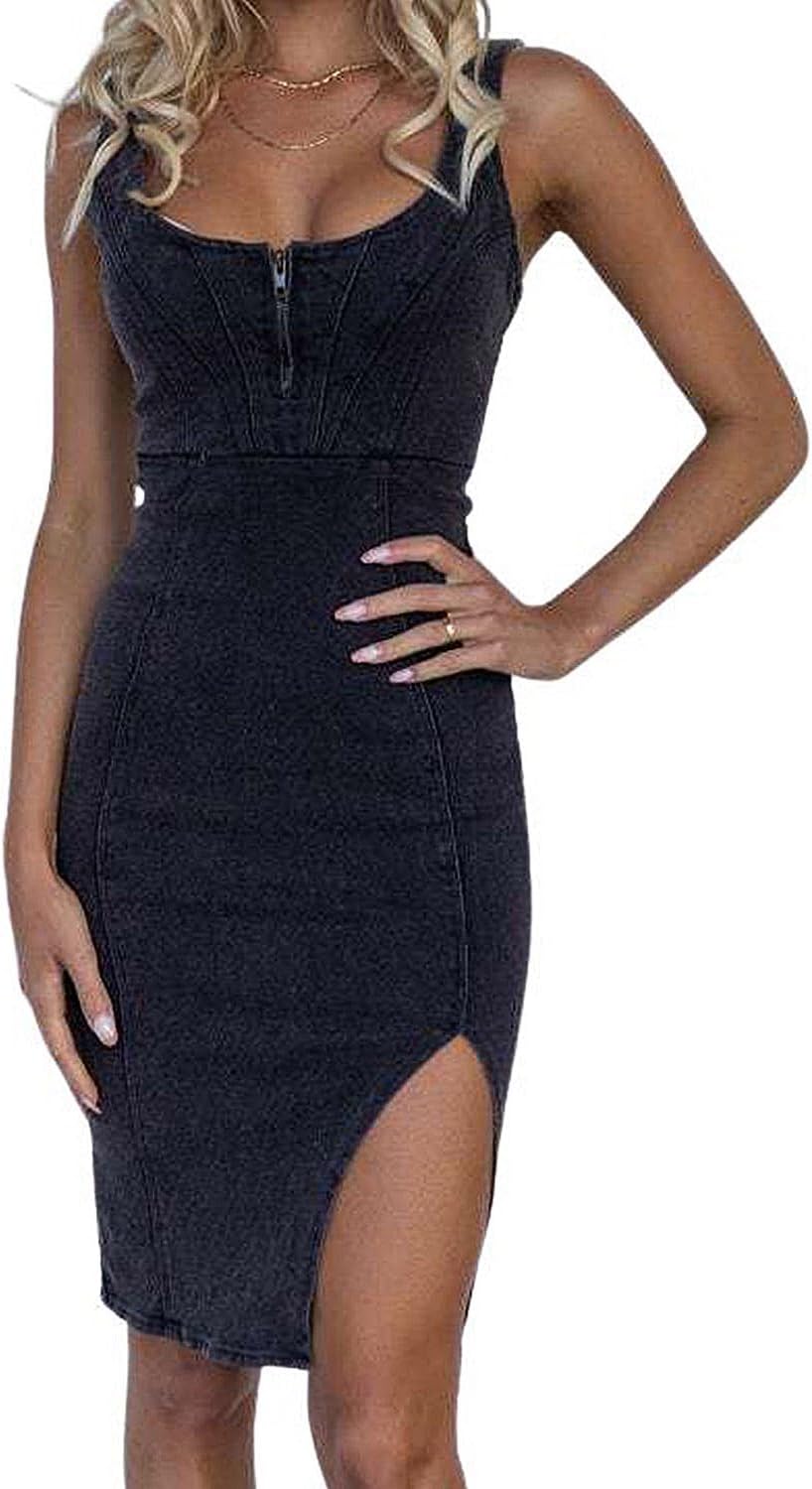 utcocoDenim Dress for Women Sleeveless Side Slit Bodycon Midi Jean Dresses for Women 2025