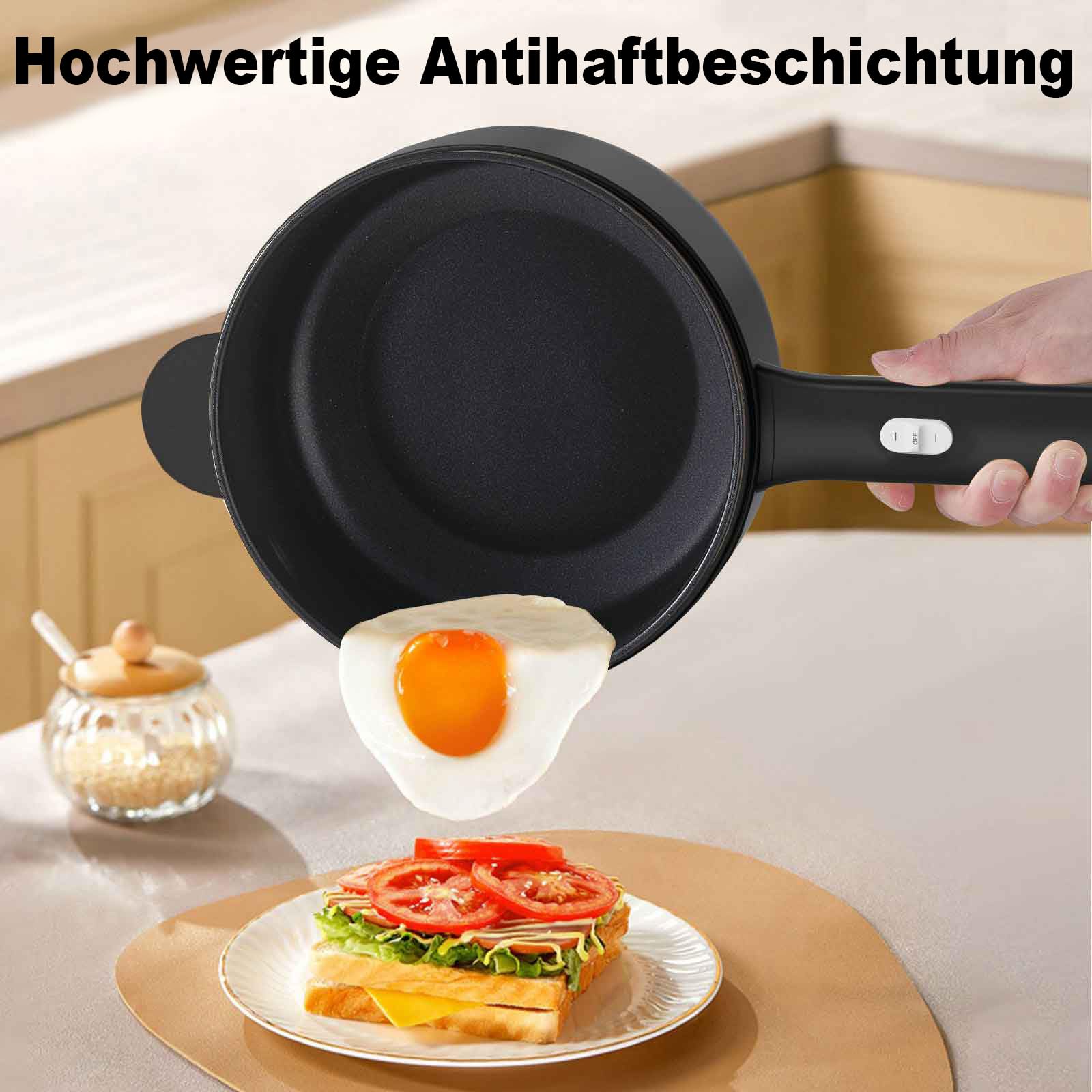 DEZIN Elektrische Hot Pot, 2L Antihaft Elektropfanne, schneller Nudelkocher | mit Dampfgarer,Tragbarer Multikocher, Leistungsanpassung, 250W/600W für Steak, Ei, gebratenen Reis, Ramen, Haferflocken,Suppe