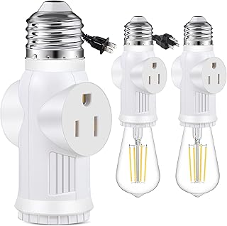 E26 Light Socket to Plug Adapter, 2 PACKS Heat-Resistant 2/3 Prong Light Socket Outlet - High-Quality Light Bulb Plug Adapter, Polarized Light Socket Adapter Splitter Converter for Garage Porch White (Light Socket-Type A)