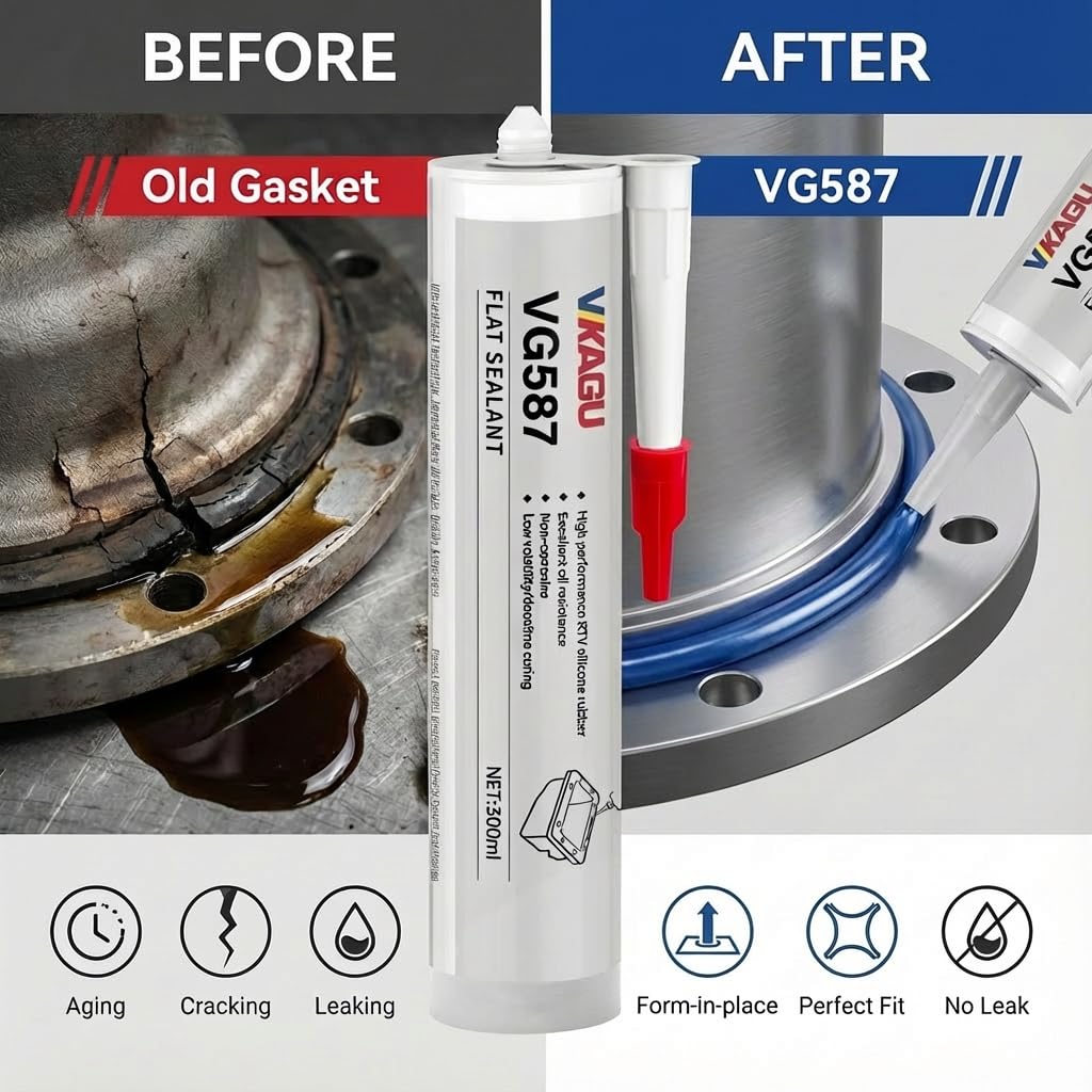 VG587 RTV Silicone Gasket Maker, Professional Grade Industrial Flat Sealant, Heavy Duty Oil Resistant & Non-Corrosive, Bulk Flange Sealant for Auto Shops, Manufacturing & Maintenance(300ml,4 Pack)
