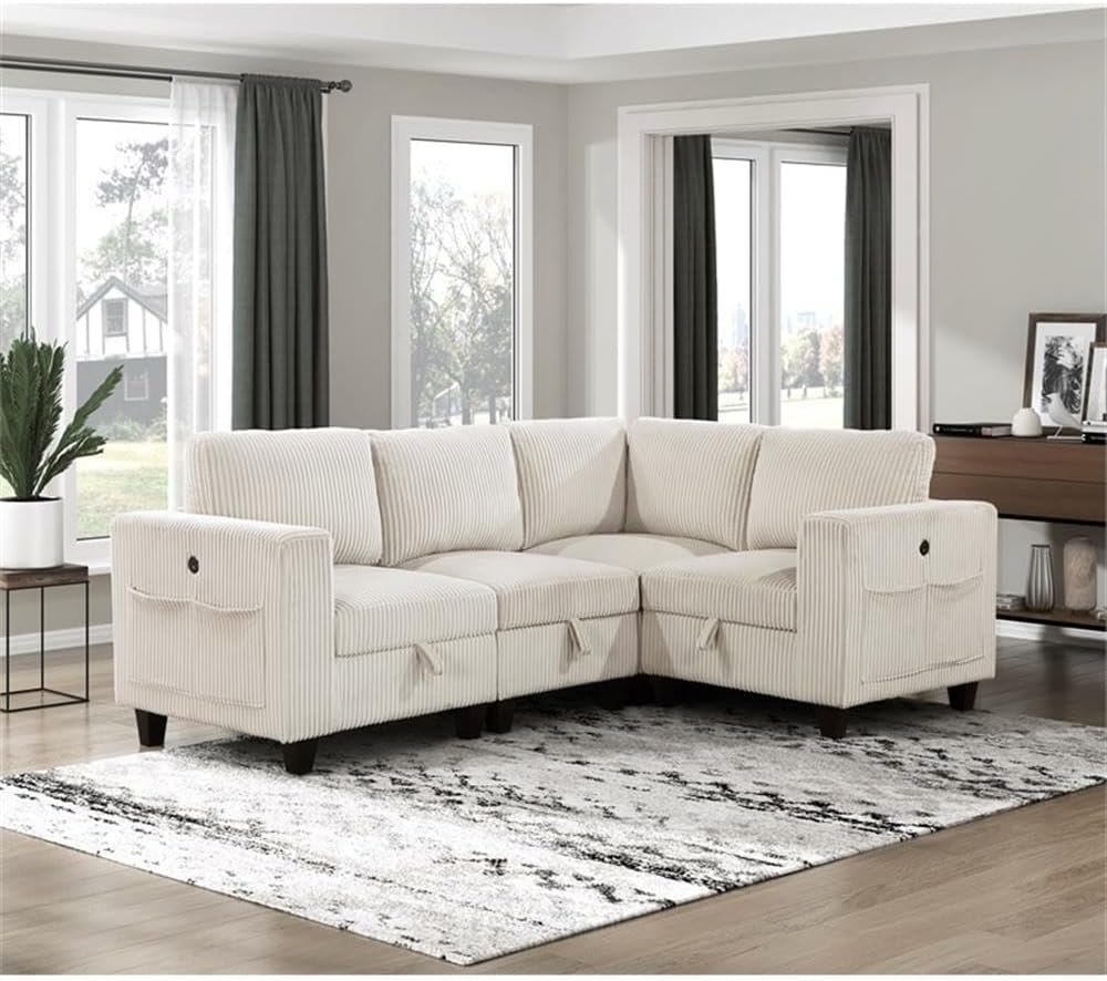 Pemberly Row 4-Piece Corduroy Modular Sectional Sofa, Beige Upholstery, USB Charging Ports, Hidden Storage Drawers, Reversible Cushions, 300 lb Per Seat, Soft Comfortable Living Room Seating
