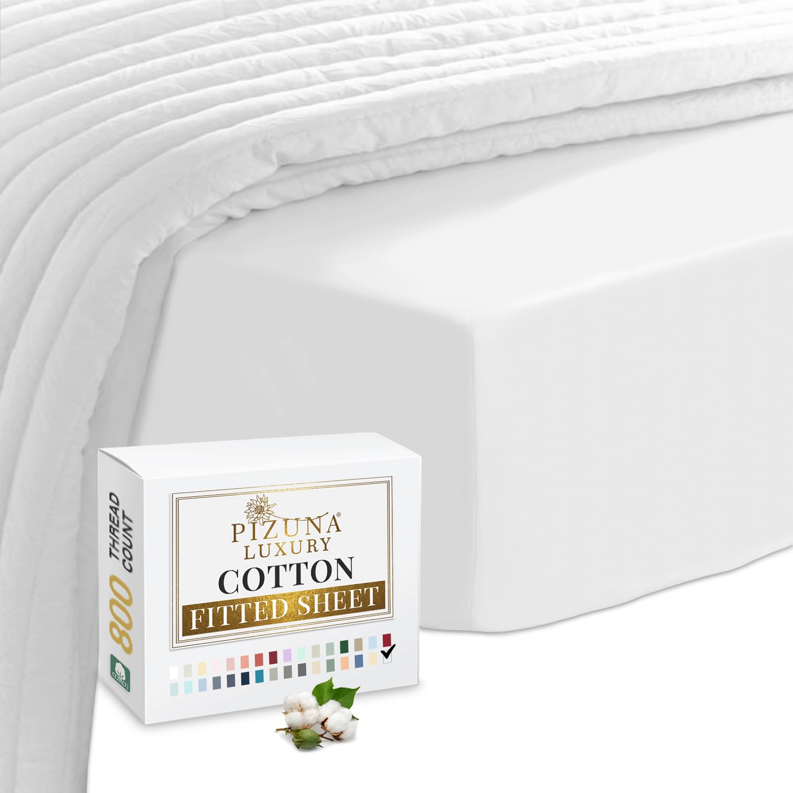 Pizuna Luxury Cotton Emperor Fitted Sheet 200x200 cm White, 800 Thread Count Crisp Luxury 100% Long Staple Cotton Sateen Weave Fitted SheetDeep Pocket Sheet Fits 40cm (Fitted Sheet - 1PC)