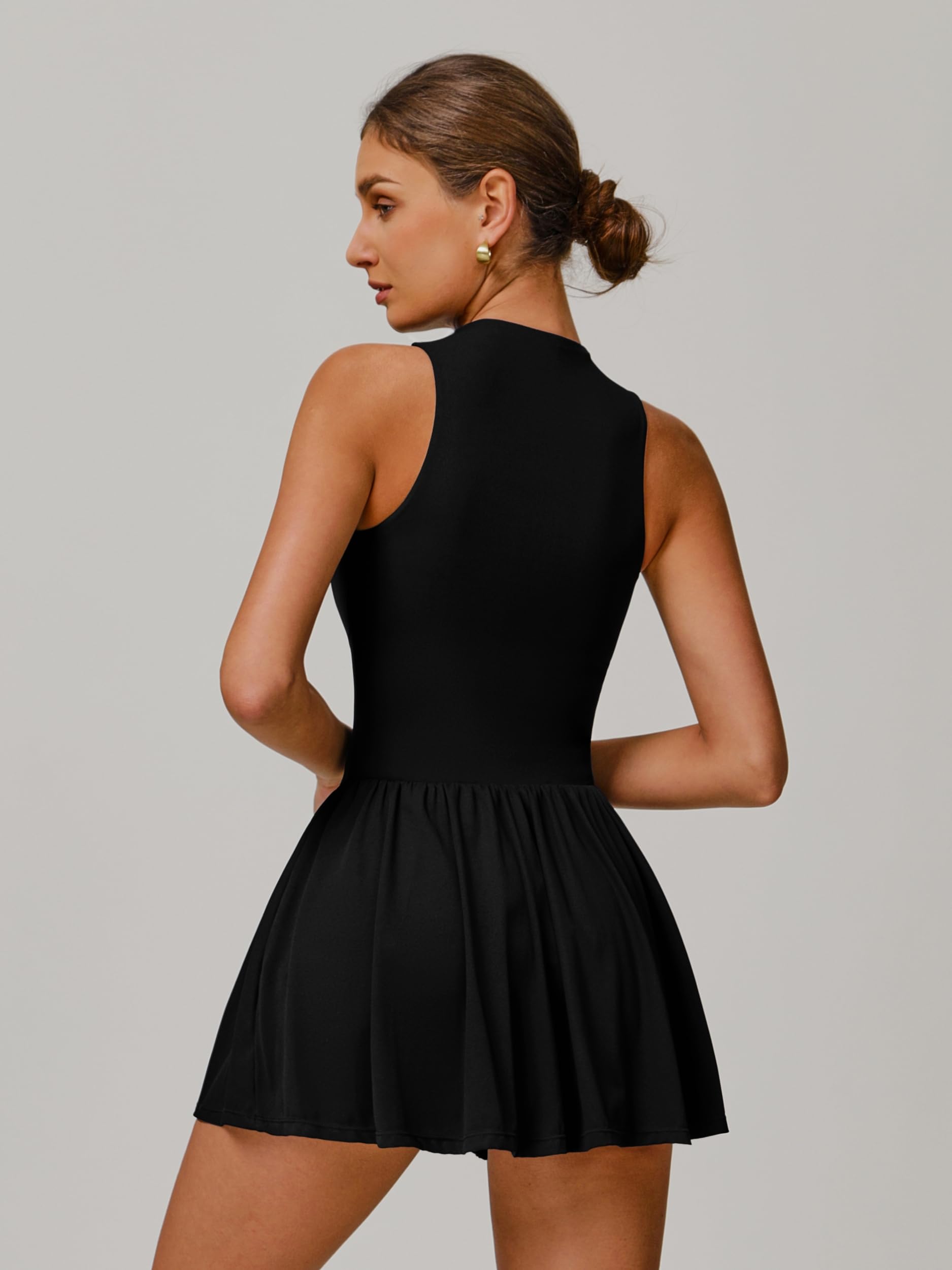 ABEHIK Robe de tennis pour femme, avec fermeture éclair sur le devant, sans manches, à volants, robe trapèze avec poches