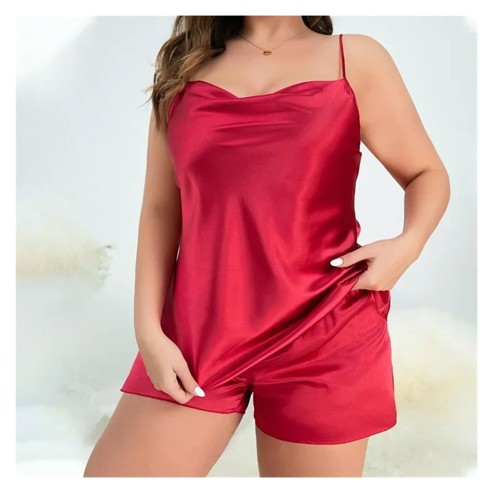 Pigiami Sexy Bretelle Pigiama da Donna in Raso di Seta Taglie Forti, Senza Maniche, con Scollo a Cappuccio, Pantaloncini, 2 Pezzi, Tinta Unita, da Notte, da Donna, for la casa