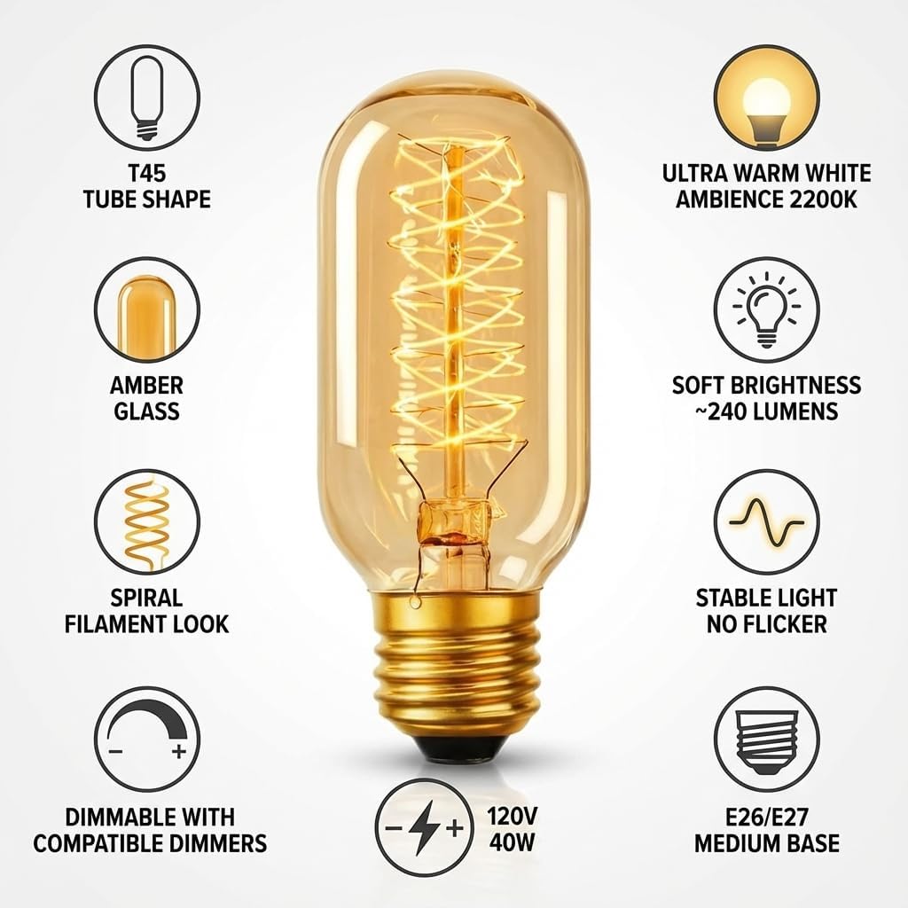 T45 Amber Glass Edison Bulb, 40W Incandescent, 2200K Ultra Warm White, Spiral Filament Vintage Tubular Light Bulb,180 Lumens, E26 Base,Dimmable Bulb for Pendant,Sconce, Chandelier & Displays (4-Pack)