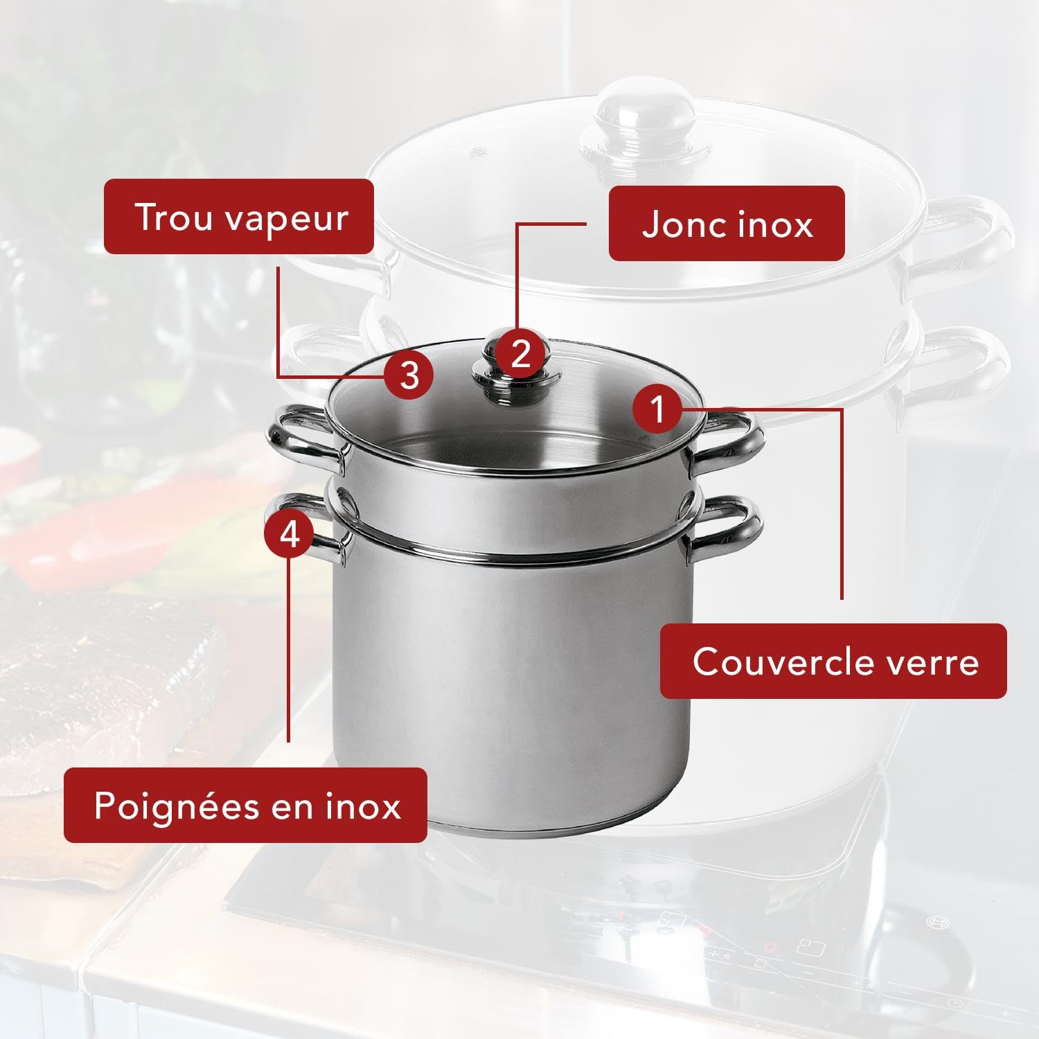 BAUMALU Combiné Traiteur Couscoussier Acier Inox Ø24cm 9L Triple Fond Diffuseur Induction