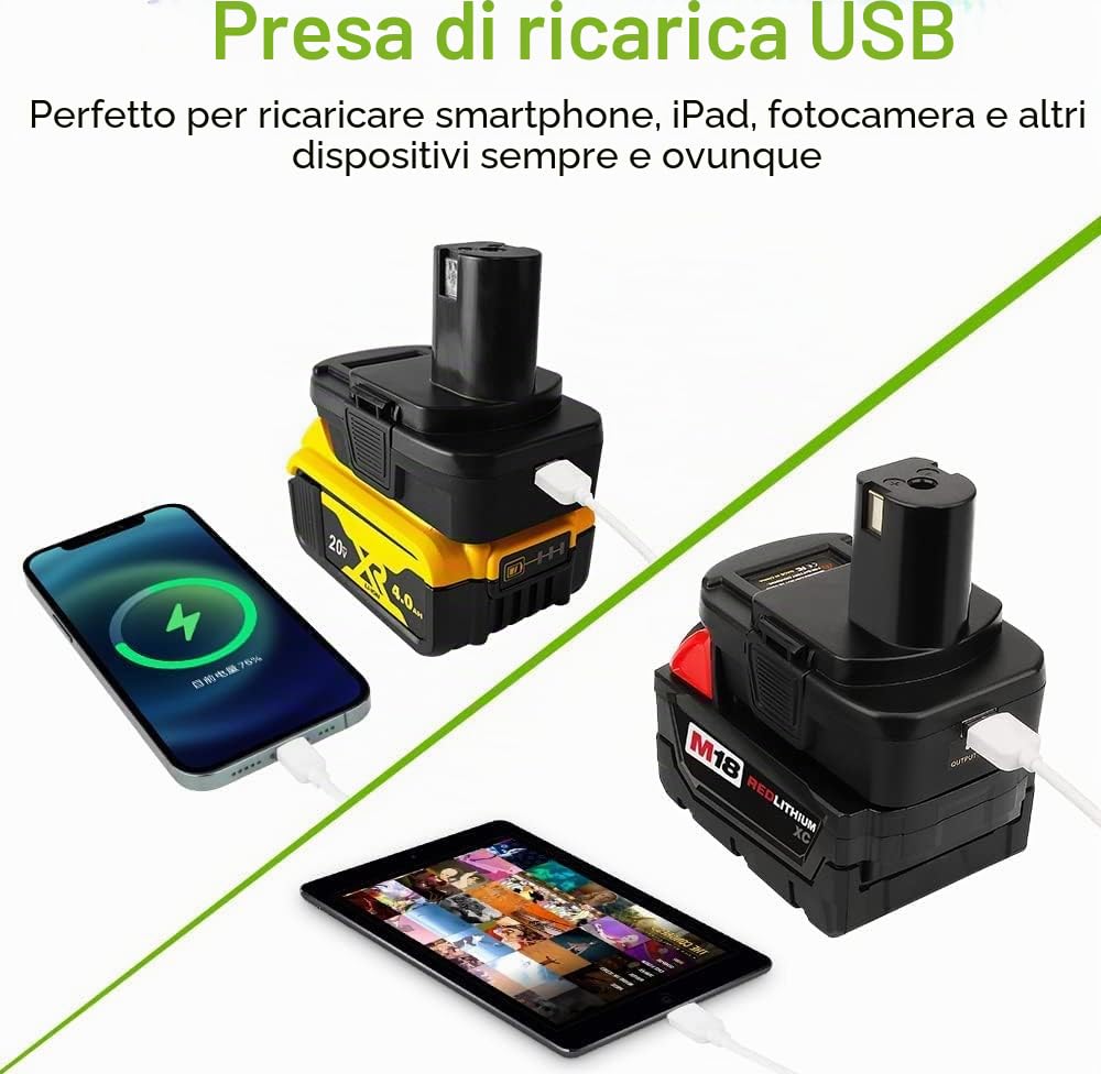 DM18RL - Adattatore per batteria Roybi 18 V, con USB per Dewalt per batteria Milwaukee M18, convertire in batteria agli ioni di litio Ryobi 18 V RB18L50 RB18L40 RC18115 5132000047 RB18L20 ecc