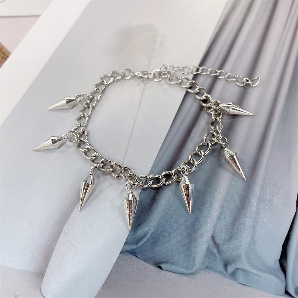 NewZenro Minimalist Spike Charm Bracelets for Men Women Unique Punk Silver Plated Chain Link Bracelet Adjustable for Party Accessories Rapper Biker Rock Fashion Trendy Jewelry 8" - Image 3