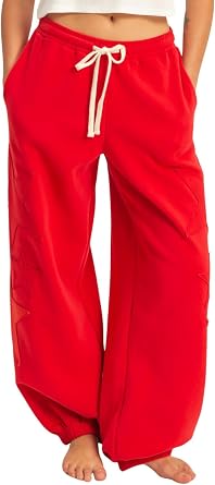 Womens Star Patched Wide Leg Sweatpants Adjustable Waistband Drawstring Trousers Pant with Pockets