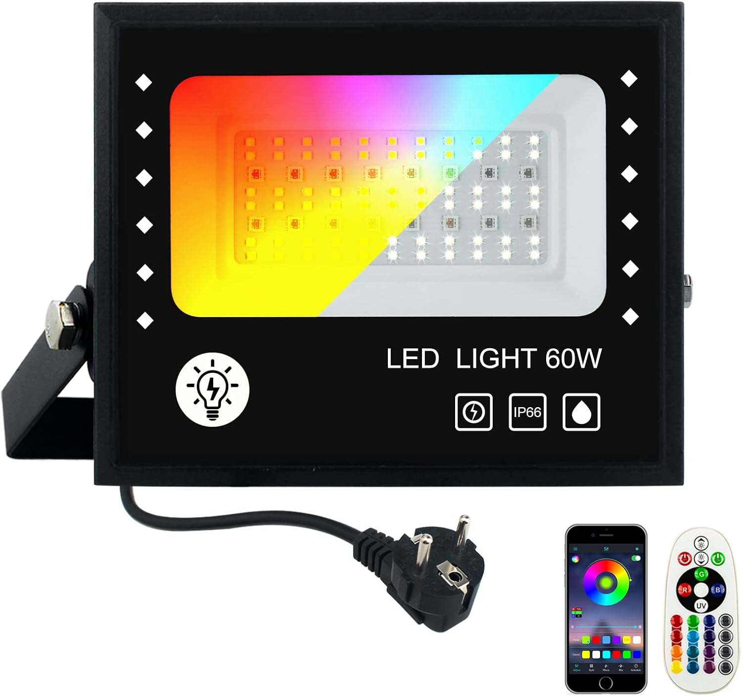 BOSITE 60W Foco LED RGB Exterior,Focos Cambio de Color,IP66 Impermeable Foco LED colores,Proyector RGB interior 12 colores 4 modos,Temporización,6000LM,6500K Luz blanca