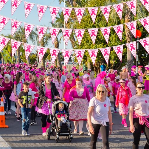 Image of 100 FT Breast Cancer Awareness Decorations, 3 Pack Pre-assemble Pink Ribbon Pennant Banner Flags, 60 PCS Plastic Pennants Flags Indoor Outdoor Party Supplies Home Office Ceiling Wall Hanging Decor