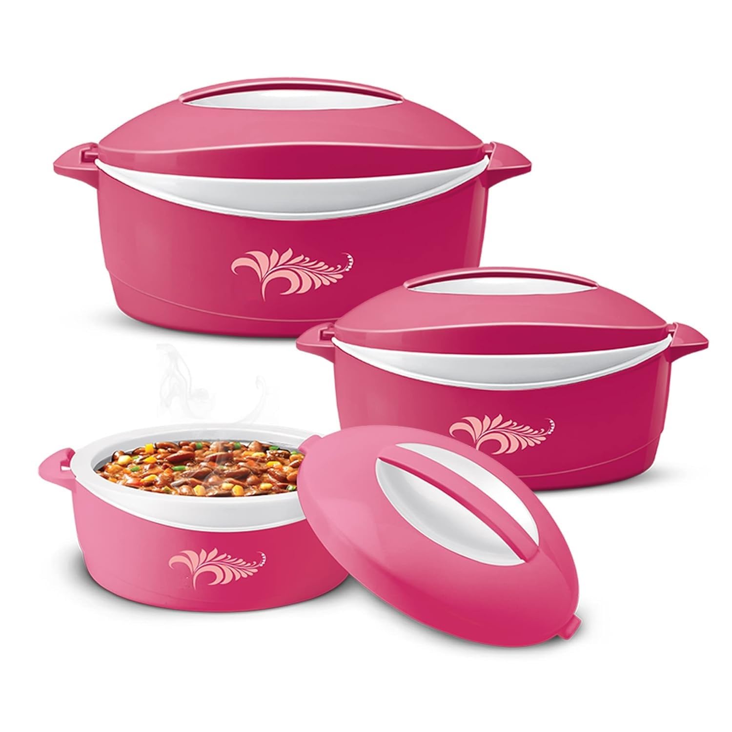 Export Store Delight Jr. Stainless Steel Casserole Gift Set, 3 Pieces (20.5 oz, 32.4 oz, 51.2 oz), Pink, PU Insulated, BPA Free, Hot & Cold