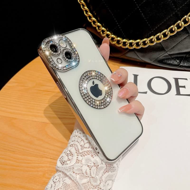 Image of LuxuryKase Sparkling Crystal Clear Case for iPhone 14 | Logo Cut | Soft Protective TPU Case | Diamond Camera Lens Protector - Silver