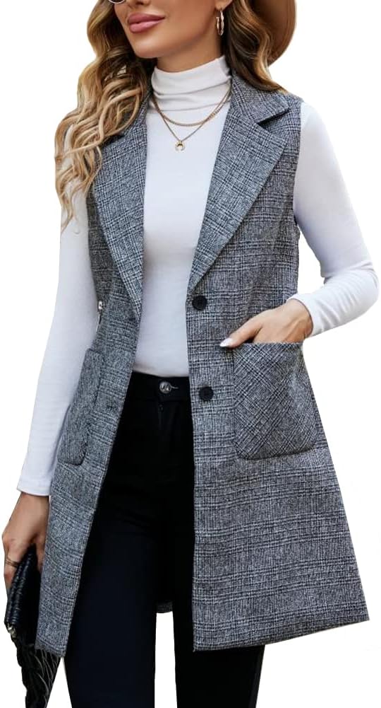 Kedera Long Vest for Women Sleeveless Tweed Blazer Jacket Sleeveless Pocket Outerwear Longline Trench Coat