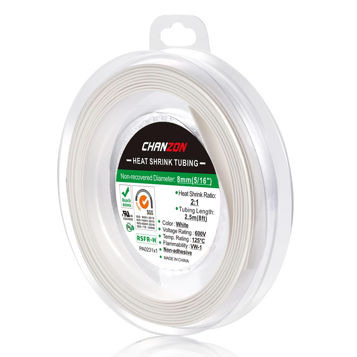 Chanzon 2:1 Ratio 5/16" (8mm) Heat Shrink Tubing 8Ft Roll (2.5M Total Length) White Polyolefin Sleeving Wrap Shrinking 2 to 1 1pcs