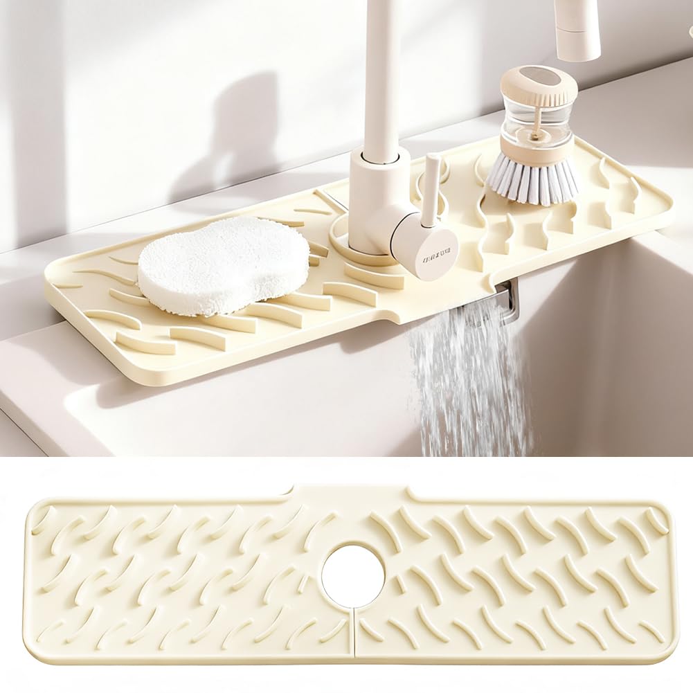 24" x 5.9" Silicone Faucet Mat for Kitchen Sink – Quick‑Drying Stone Splash Guard & Drip Tray, 0.67" Thick, Beige