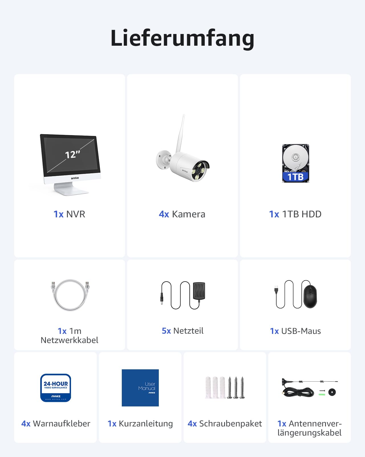 ANNKE 3MP Überwachungskamera Set Aussen WLAN mit 12''Monitor, 10CH 4K Wireless NVR mit 4 Pcs 3MP WiFi Kameras, 2-Wege-Audio, Personenerkennung, 24/7 Aufnahme, 30M Nachtsicht für Aussen, Innen, 1TB HDD