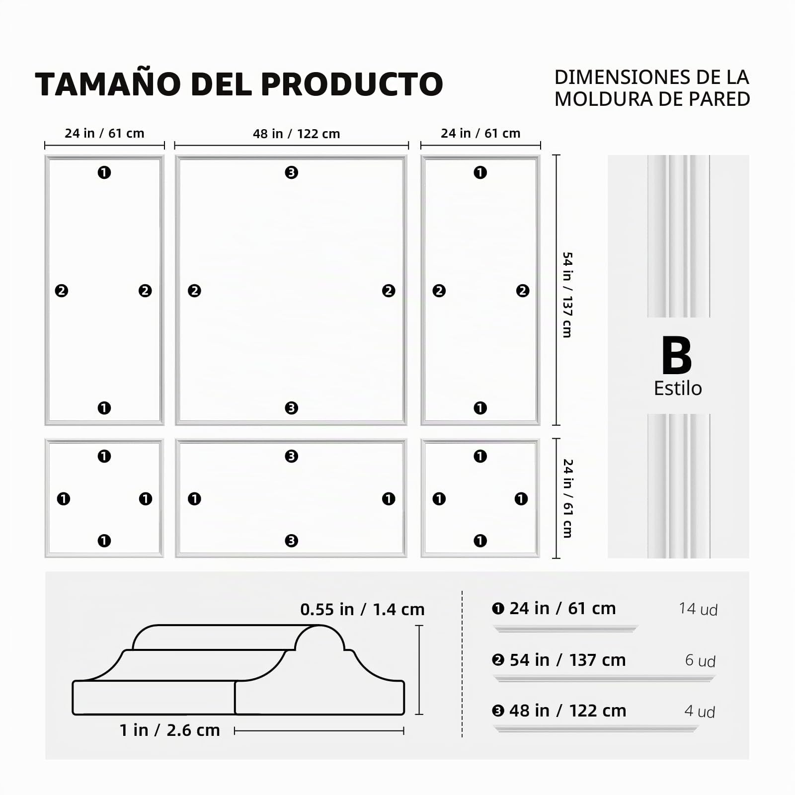 Kit Molduras de Pared Autoadhesivas 6 Marcos, Paneles Decorativos Pre Cortados para Decoración de Pared Interior, Molduras Estilo Marco DIY para Salón Dormitorio Pasillo Pared de Acento