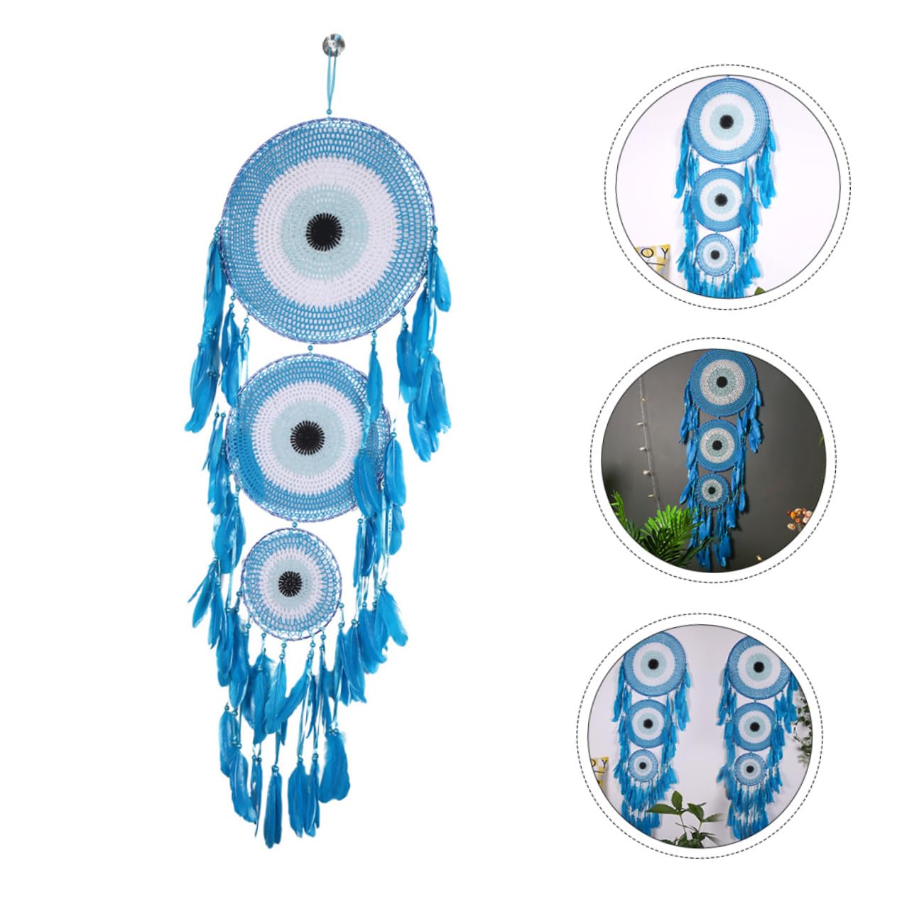 Hängender Traumfänger 40cm Blau mit Federn als Wanddekoration