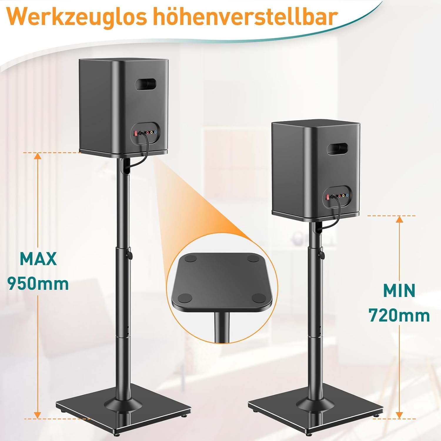 ELIVED Universal Lautsprecherständer höhenverstellbar bis 95cm, Boxenständer mit Glassockel & interner Kabelkanal für Regallautsprecher, 10kg Tragkraf, Schwarz, 1 Paar