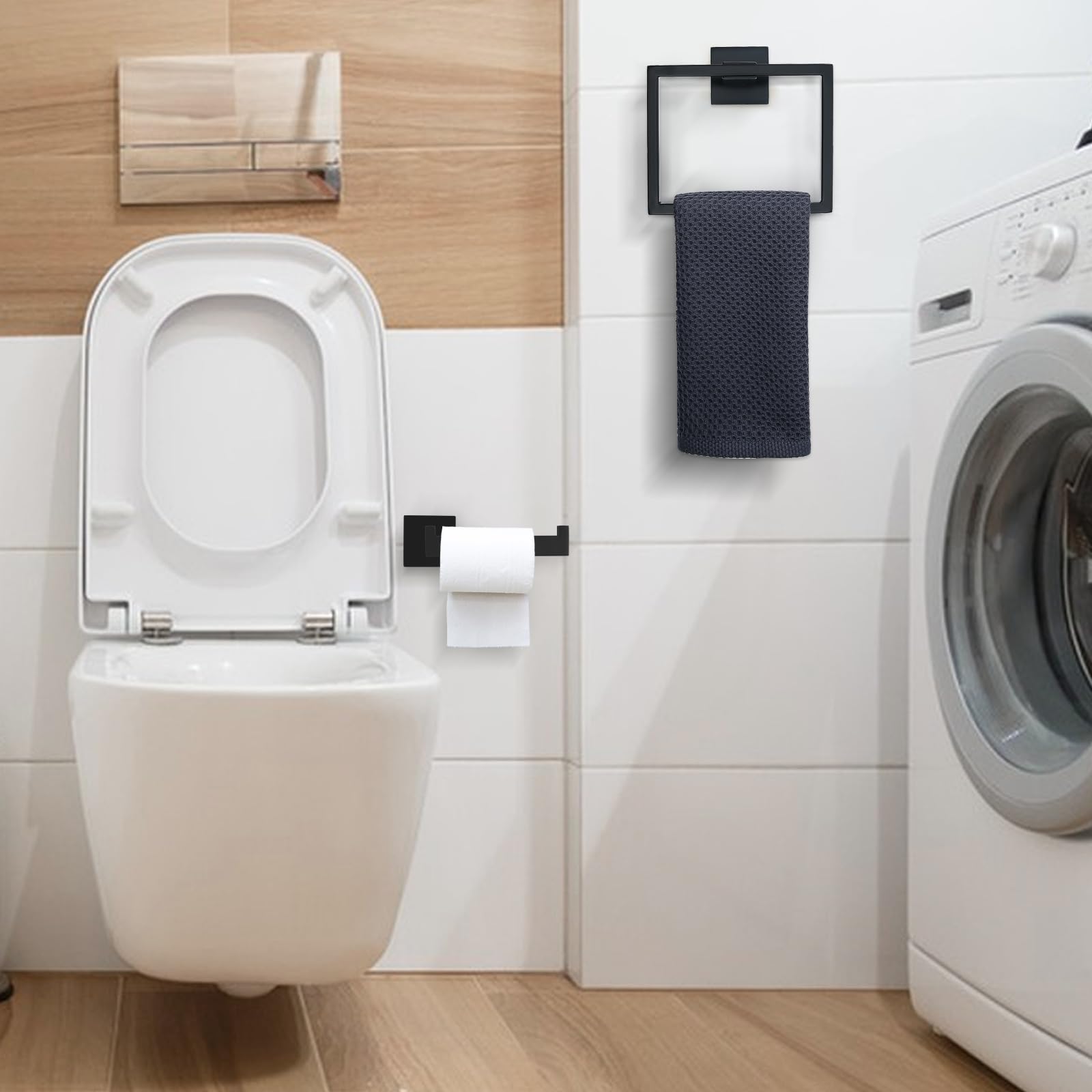 TURS Negro Toalleros de Aro Acero Inoxidable Toallero de Estilo Montado en Pared e Anilla INOX 304 Chrome Accessori Bagno de Toalla Soporte de Toalla Nero