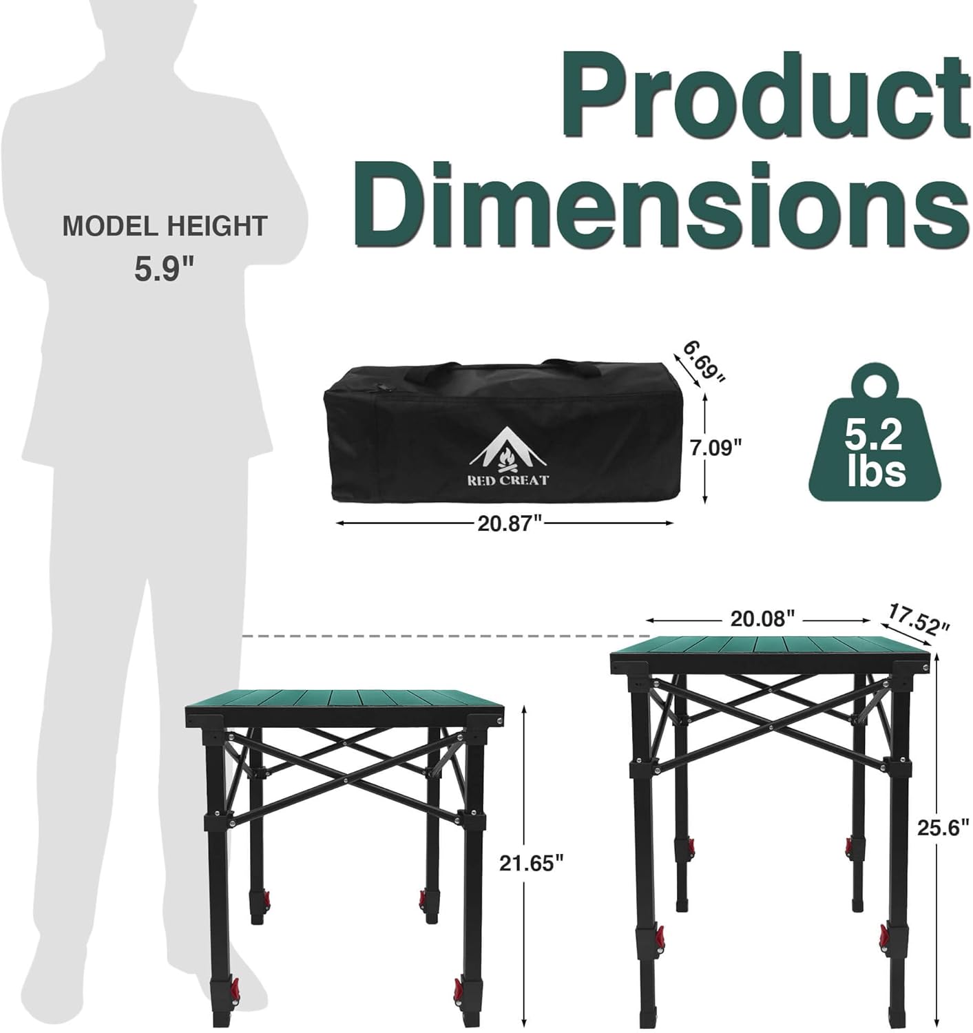 Camping Table Portable Foldable with Adjustable Height, Lightweight Collapsible Aluminum Roll-Up Camp Table with Storage Bag & Carry Bag, Heat-Resistant for RV Picnic BBQ Camping (Medium 20"×18")
