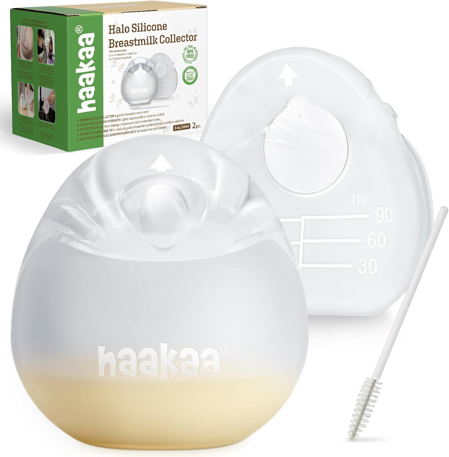 haakaa Halo Silicone Breast Milk Collector - Wearable Manual Breast Pump for Breastfeeding, Hands Free Reusable Breast Milk Shells with Cleaning Brush - 3oz/90ml, 2 Count