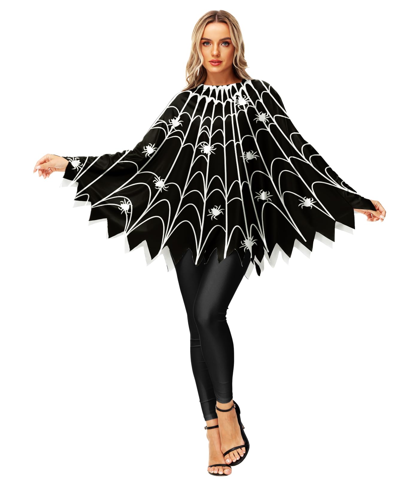 AOBUTEHalloween Pumpkin Costume Spider Web Skeleton Poncho Cloak