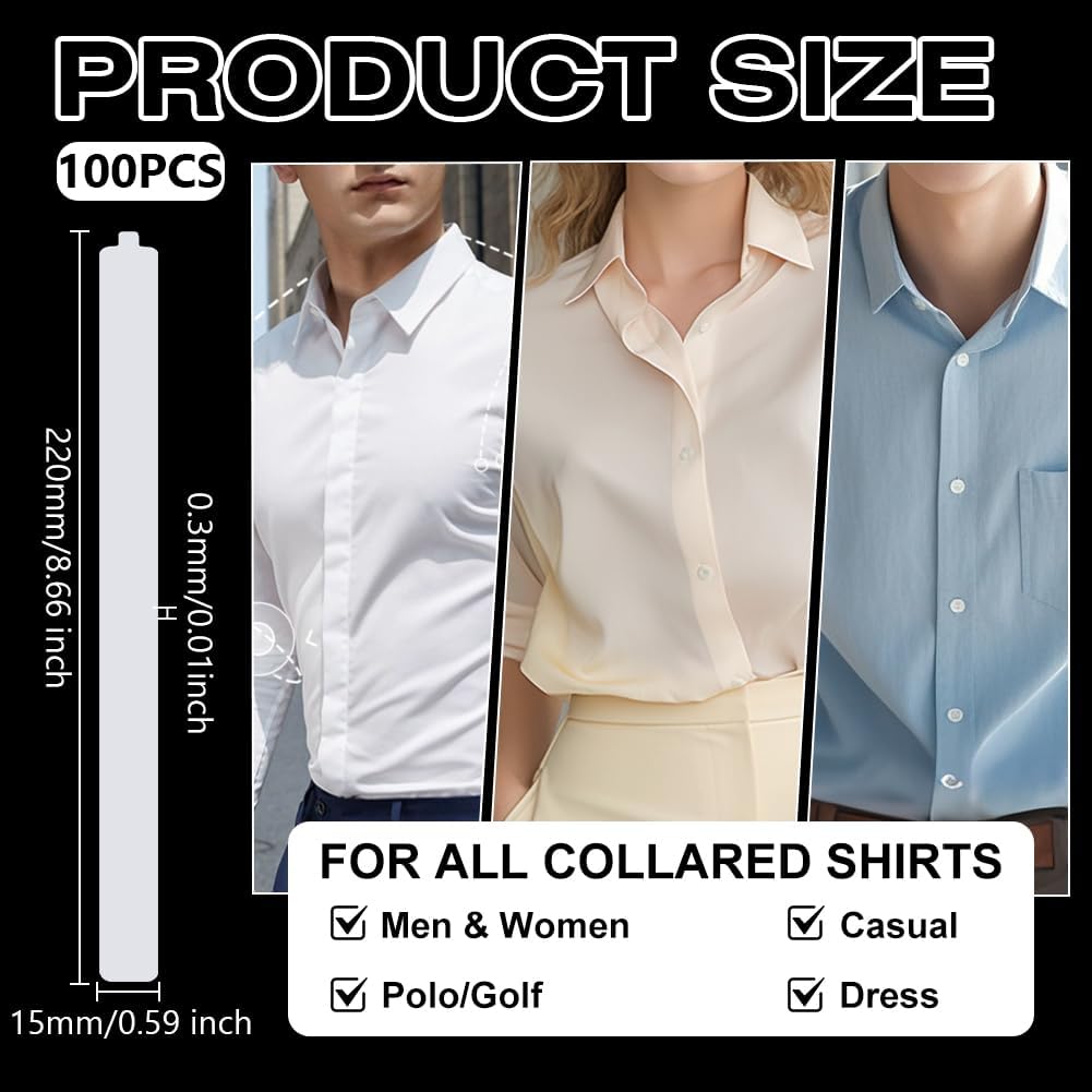 WADORN 100Pcs Adhesive Shirt Collar Placket Stays White Disposable Protector Sweat Pads Self-adhesive Rectangle Placket Stay Accessory for Collared Polo Golf Shirt 8.67x0.59x0.01Inch