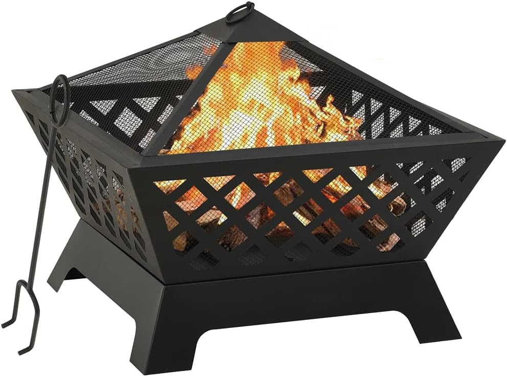 vidaXL Fire Pit with Poker 25.2" XXL Steel - Decorative Garden Patio Fireplace with Safety Mesh, Easy View & Carry, High Heat Absorption Capacity