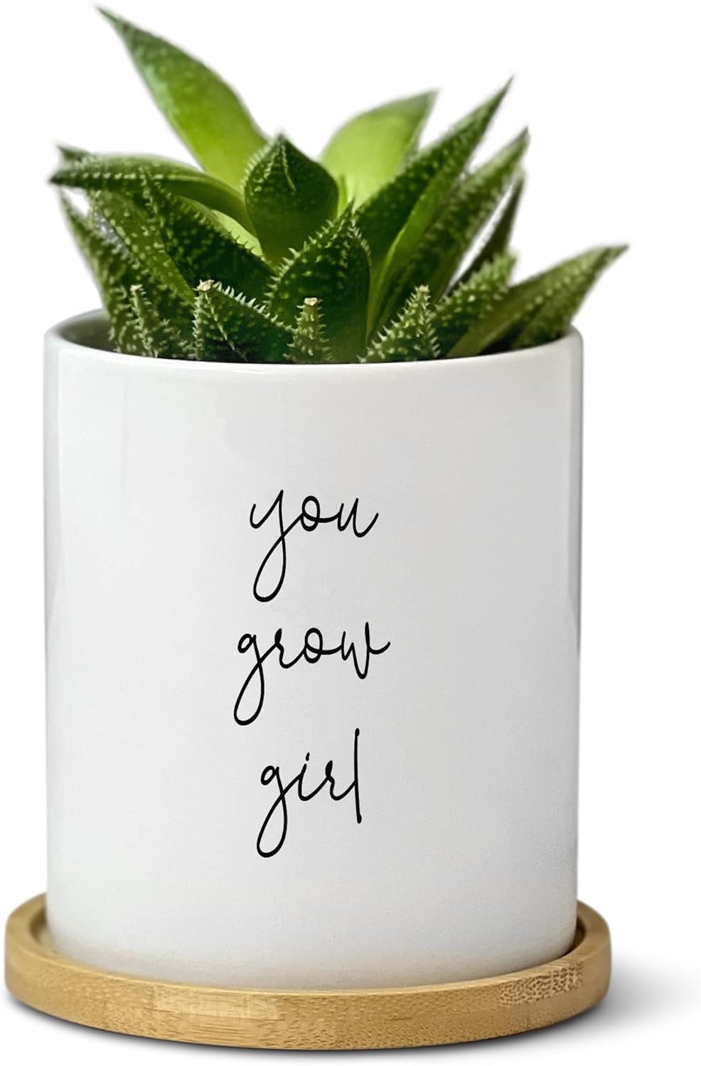 You Grow Girl Planter - Flower Plant Pot with Drainage Hole and Bamboo Tray - Promotion Gift for Women - New Job Present for Friend