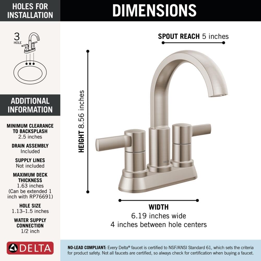 Delta Albion Centerset Brushed Nickel Bathroom Faucet, 4 Inch 3 Hole Bathroom Sink Faucet for Vanity, Metal Push-Pop Drain Assembly, SpotShield Brushed Nickel 25855LF-SP