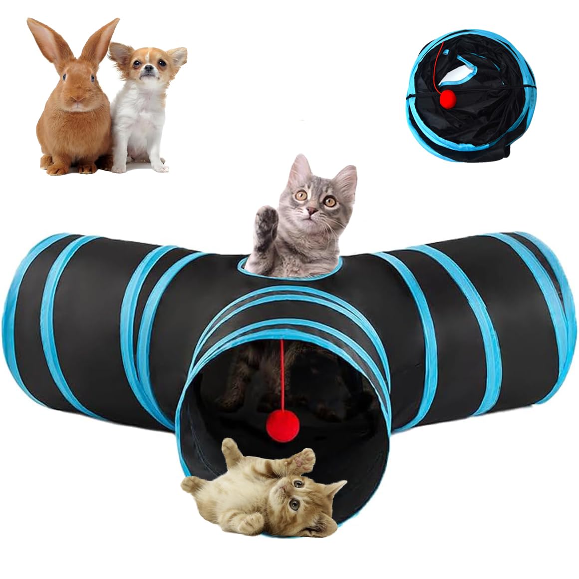 Fhiny 3-Wege Katzentunnel Faltbar – Mit Gucklöchern, Spieltunnel Für Katzen & Kleintiere