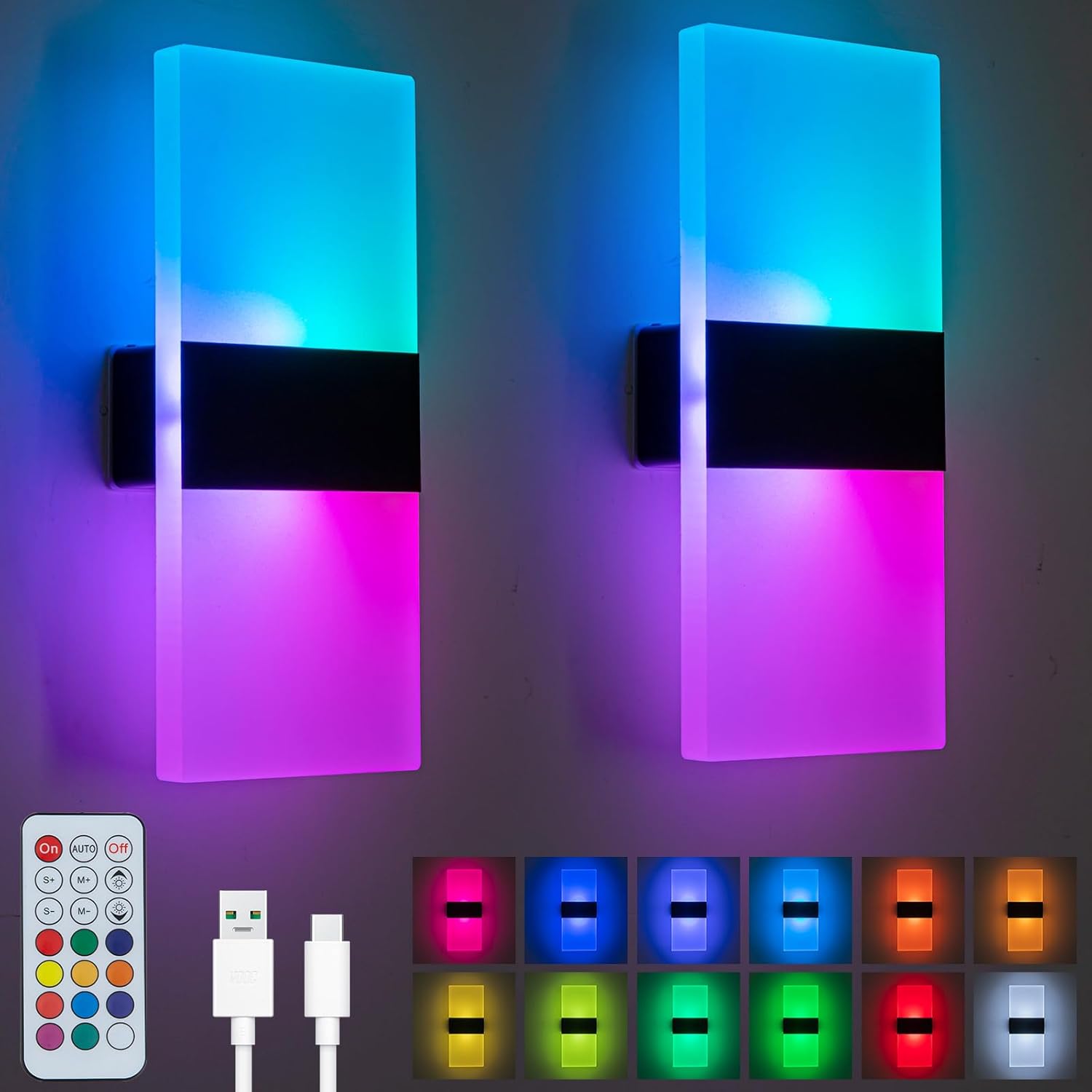 LED Wall Lights for Room Decor, 4000mAh Battery Operated Wall Sconce Set of 2, RGB 12 Colors Night Lights, Remote Control, Dimmable, Rechargeable, Cordless Wall Lamps for Bedroom Multi-colored RGB 2PCS