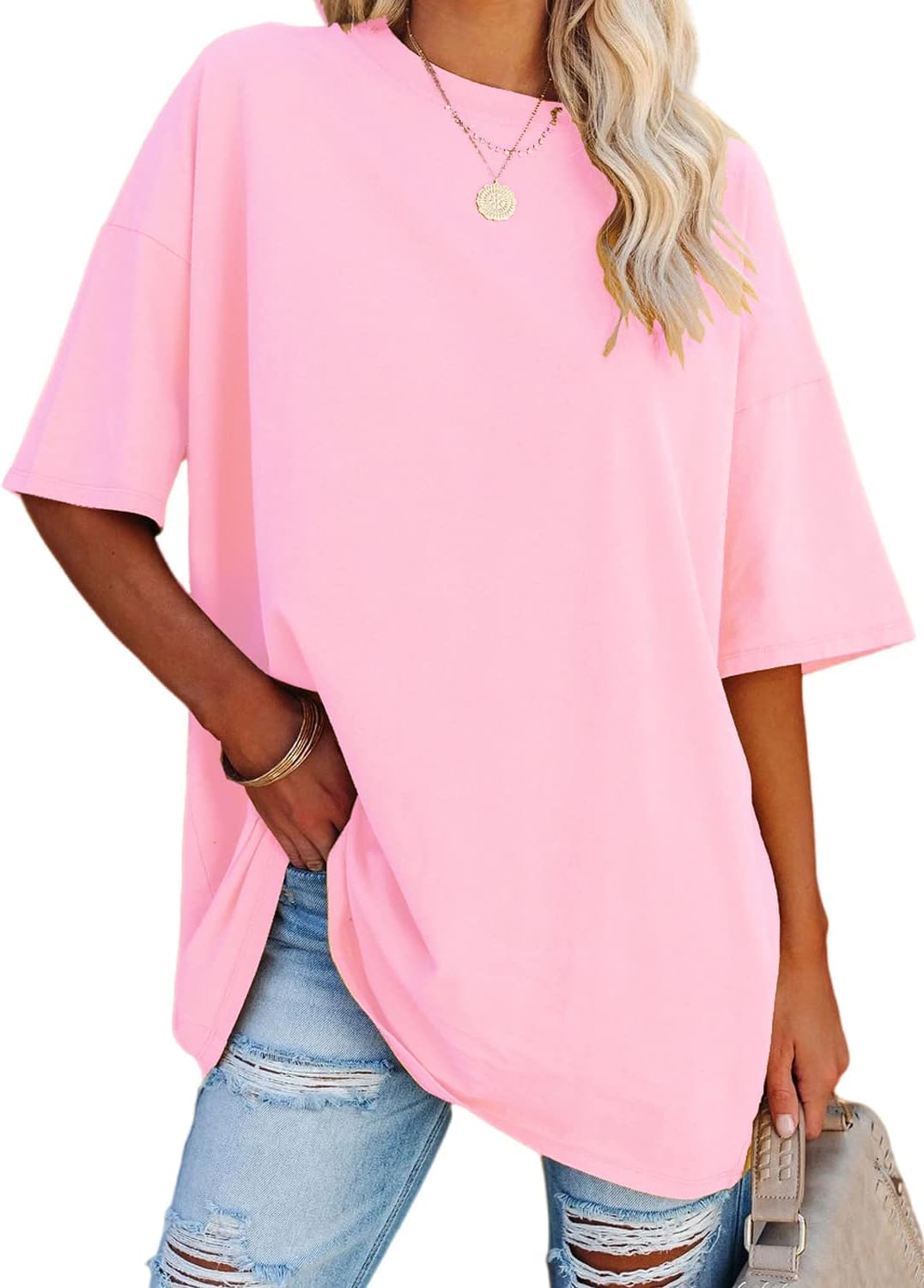 Women's Oversized T Shirts Summer Short Sleeve Loose Fit Casual Crewneck Plain Tunic Tops