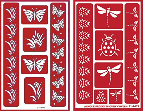 Over 'n' Over Reusable Self-Stick Etching Stencil for Glass (or Stamping) - Bundle of Two Sets - Butterflies & Garden Friends
