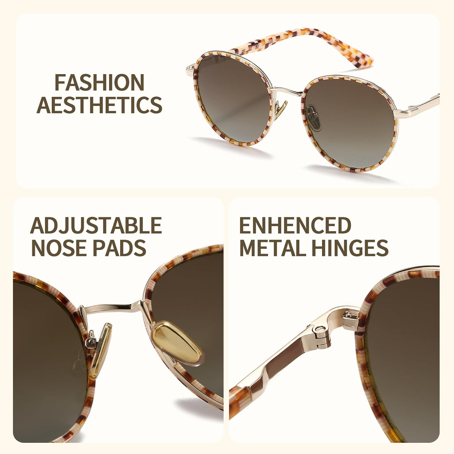 Retro Round Polarized Sunglasses for Women, UV400 Protection Vintage Shades, Lightweight Acetate Metal Frame